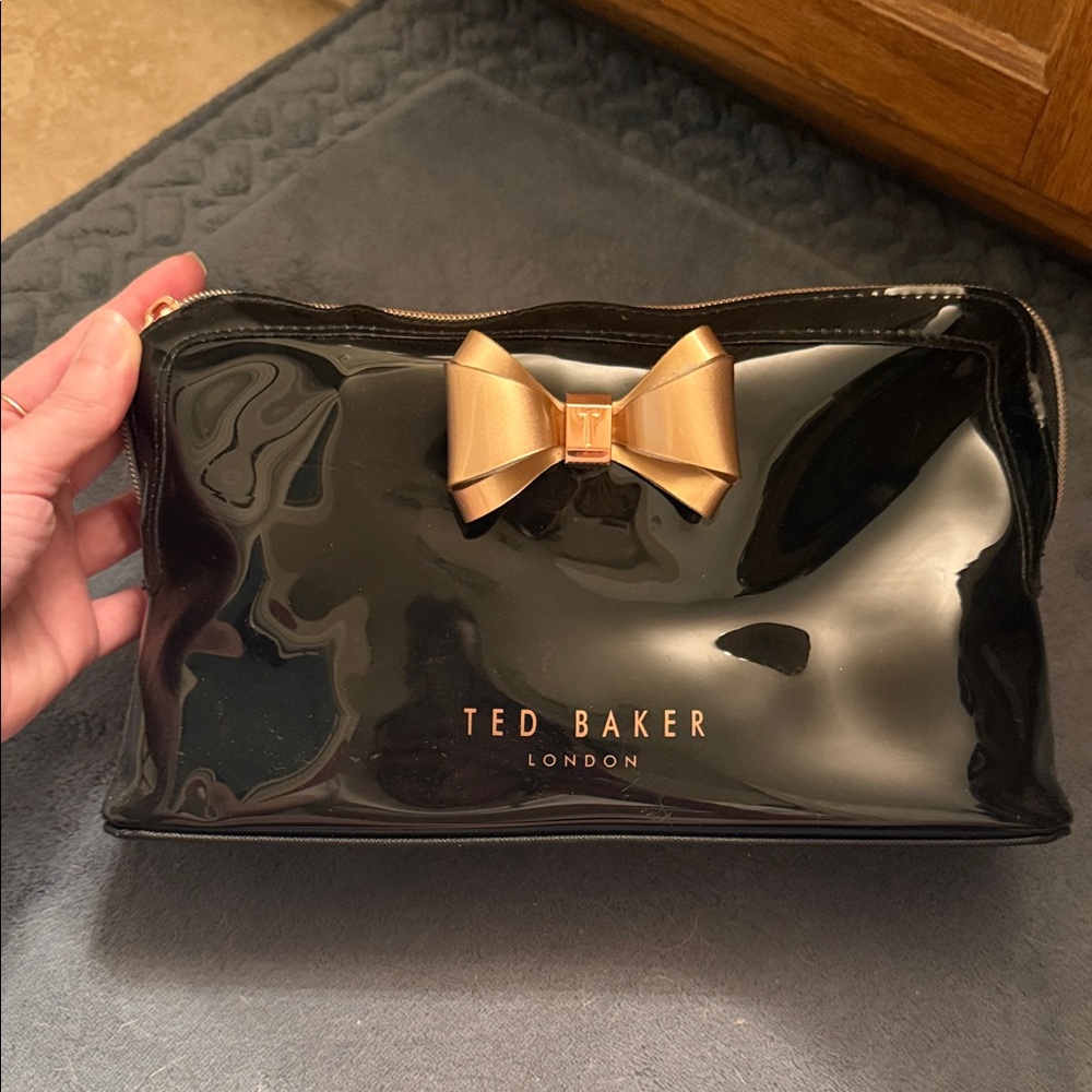 Ted Baker Black Patent Makeup Bag with Gold Bow Accent